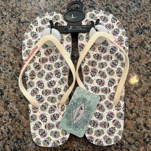 MONTANA WEST Sugar Skull Western Print Flip Flops Sandals large NWT - Picture 2 of 3